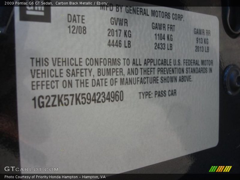 Carbon Black Metallic / Ebony 2009 Pontiac G6 GT Sedan