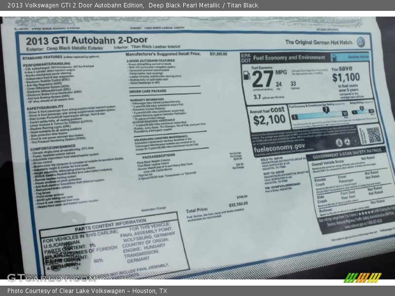 Deep Black Pearl Metallic / Titan Black 2013 Volkswagen GTI 2 Door Autobahn Edition