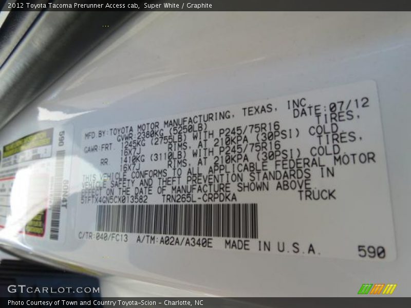 2012 Tacoma Prerunner Access cab Super White Color Code 040