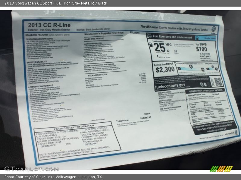  2013 CC Sport Plus Window Sticker