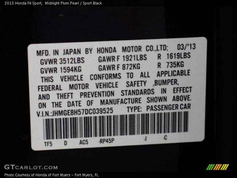 2013 Fit Sport Midnight Plum Pearl Color Code RP45P