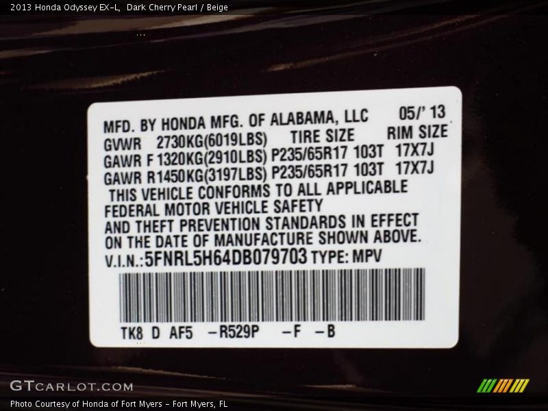 Dark Cherry Pearl / Beige 2013 Honda Odyssey EX-L