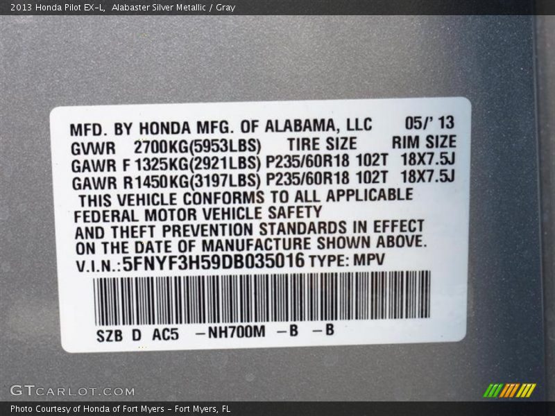 Alabaster Silver Metallic / Gray 2013 Honda Pilot EX-L