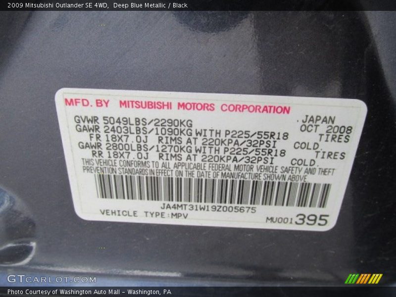 Deep Blue Metallic / Black 2009 Mitsubishi Outlander SE 4WD