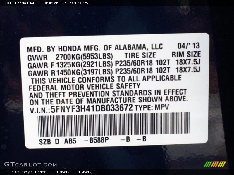 Obsidian Blue Pearl / Gray 2013 Honda Pilot EX