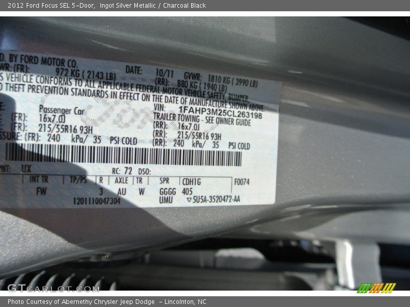Ingot Silver Metallic / Charcoal Black 2012 Ford Focus SEL 5-Door
