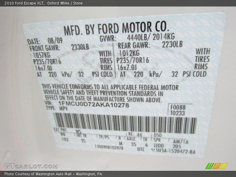 Oxford White / Stone 2010 Ford Escape XLT