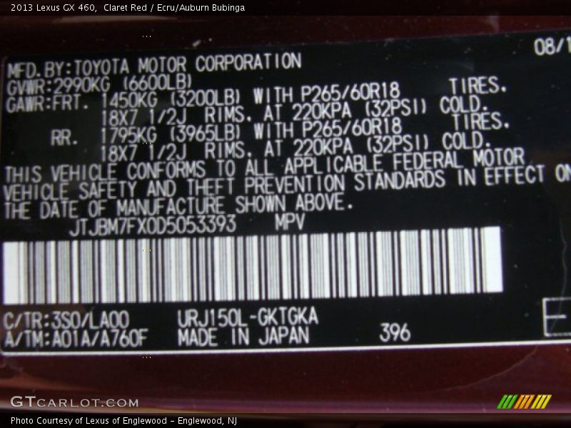 2013 GX 460 Claret Red Color Code 3S0