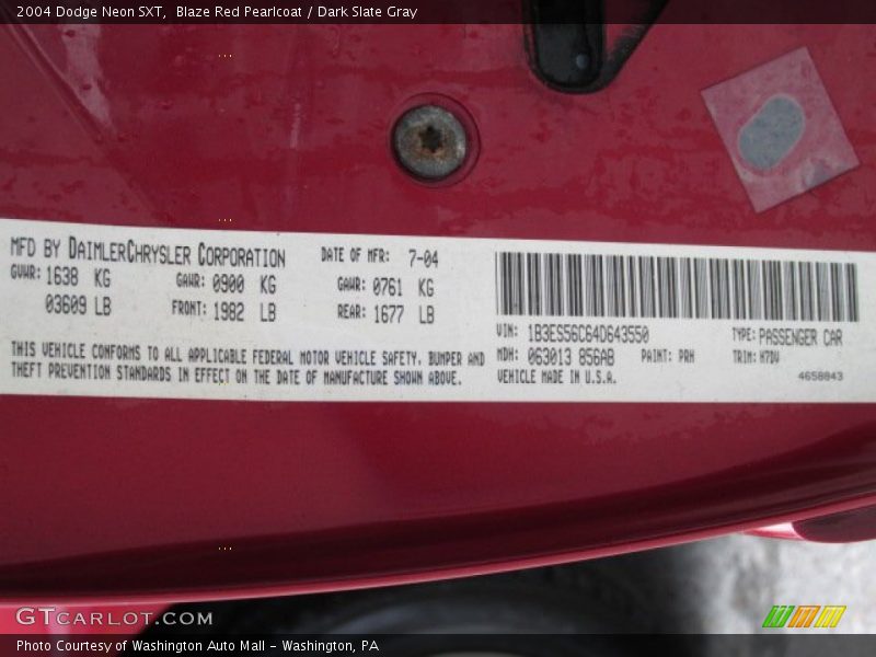2004 Neon SXT Blaze Red Pearlcoat Color Code PRH