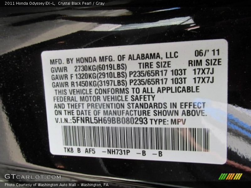 Crystal Black Pearl / Gray 2011 Honda Odyssey EX-L