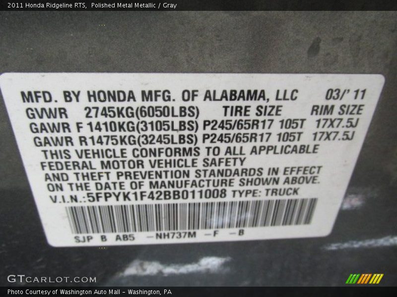 2011 Ridgeline RTS Polished Metal Metallic Color Code NH737M