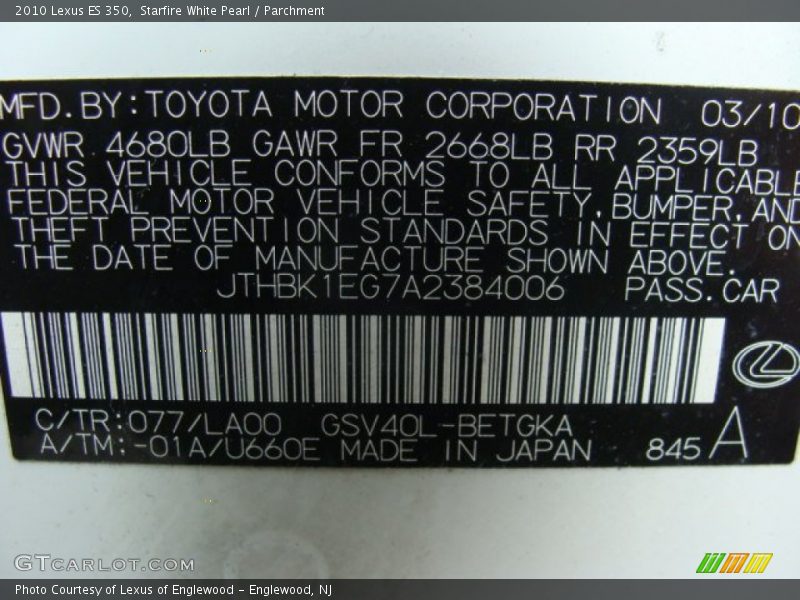 Starfire White Pearl / Parchment 2010 Lexus ES 350