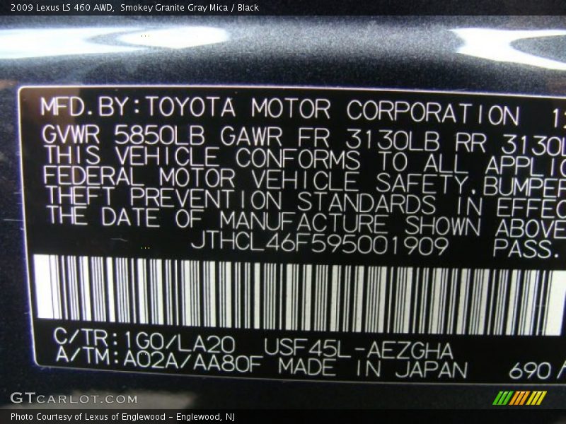 2009 LS 460 AWD Smokey Granite Gray Mica Color Code 1G0