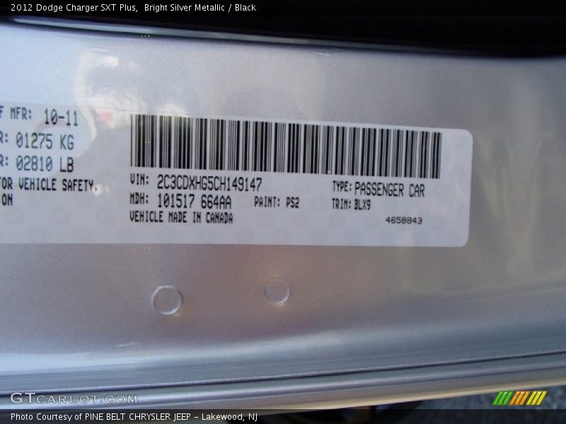 Bright Silver Metallic / Black 2012 Dodge Charger SXT Plus