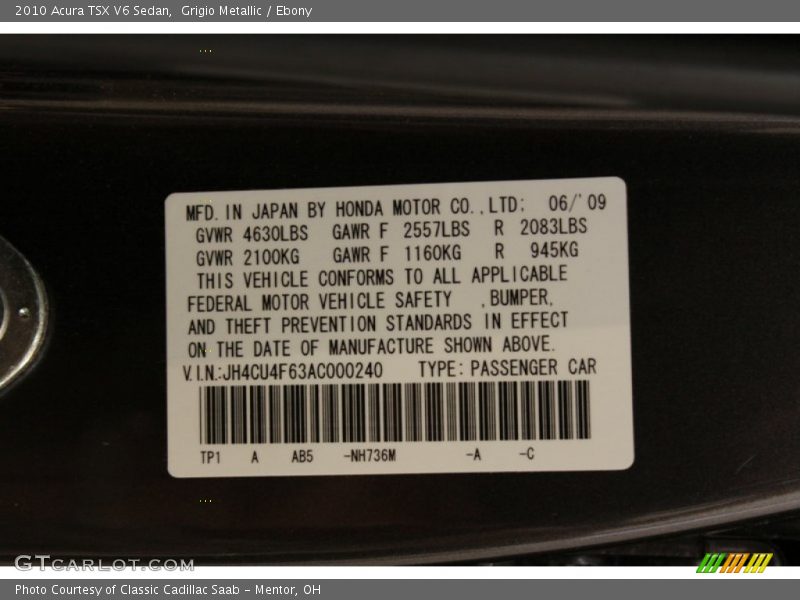 Grigio Metallic / Ebony 2010 Acura TSX V6 Sedan