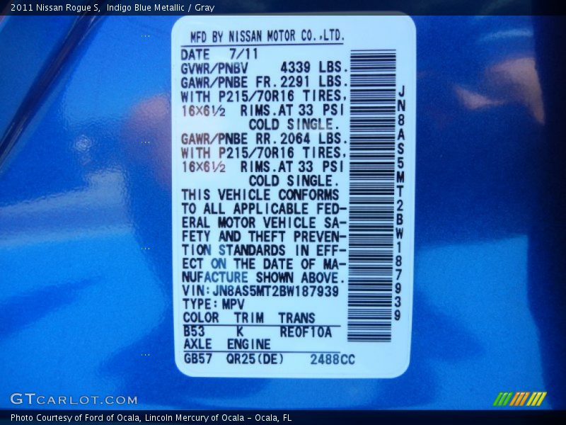 2011 Rogue S Indigo Blue Metallic Color Code B53
