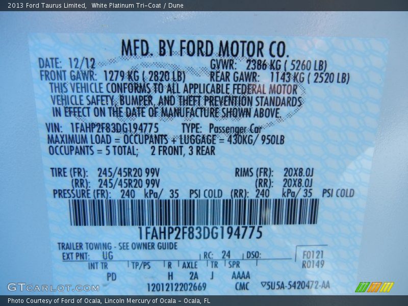 White Platinum Tri-Coat / Dune 2013 Ford Taurus Limited