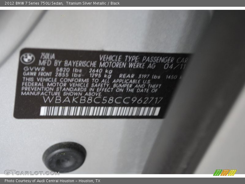 Titanium Silver Metallic / Black 2012 BMW 7 Series 750Li Sedan