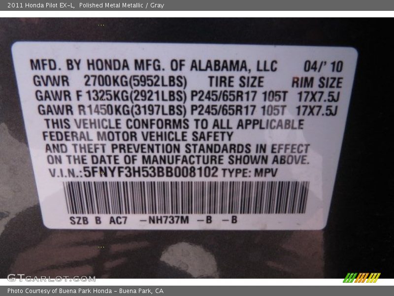 Polished Metal Metallic / Gray 2011 Honda Pilot EX-L
