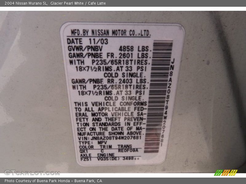 Glacier Pearl White / Cafe Latte 2004 Nissan Murano SL