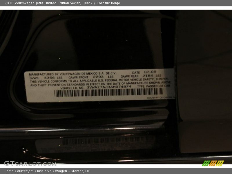 Black / Cornsilk Beige 2010 Volkswagen Jetta Limited Edition Sedan