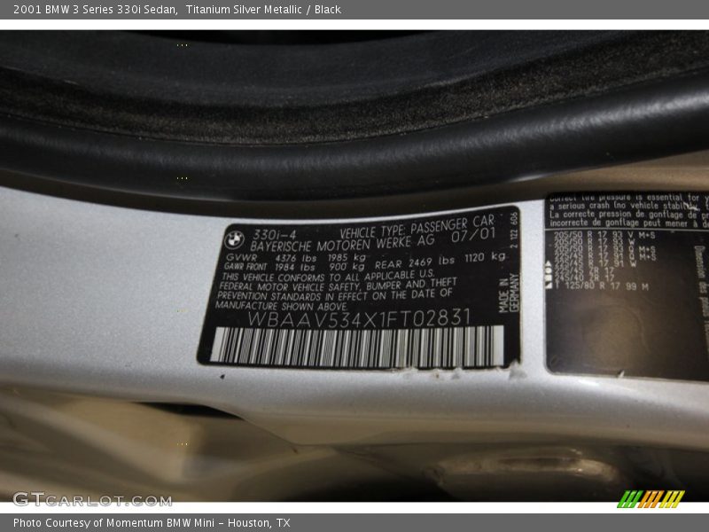 Info Tag of 2001 3 Series 330i Sedan