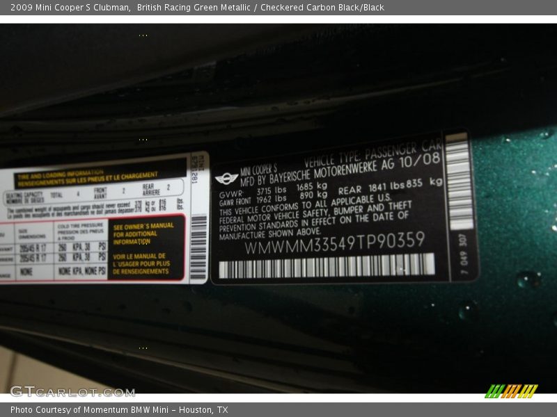 British Racing Green Metallic / Checkered Carbon Black/Black 2009 Mini Cooper S Clubman
