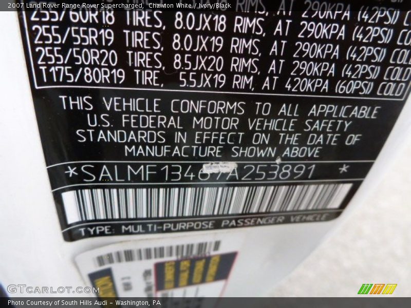 Info Tag of 2007 Range Rover Supercharged