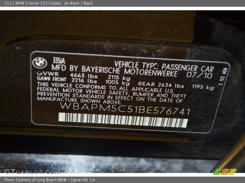 Info Tag of 2011 3 Series 335i Sedan