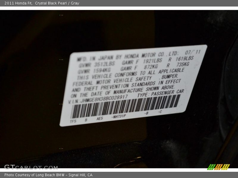 Crystal Black Pearl / Gray 2011 Honda Fit