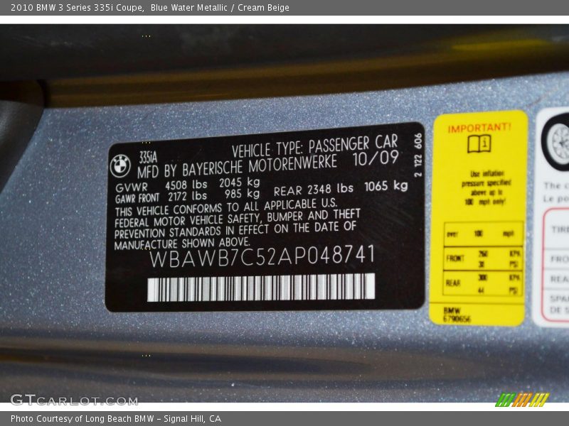 Info Tag of 2010 3 Series 335i Coupe