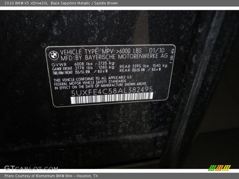 Black Sapphire Metallic / Saddle Brown 2010 BMW X5 xDrive30i