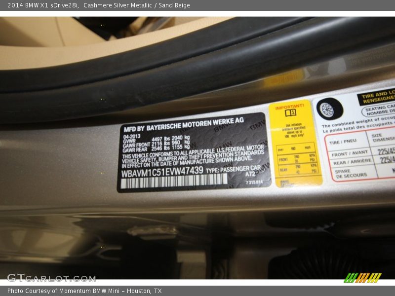 2014 X1 sDrive28i Cashmere Silver Metallic Color Code A72