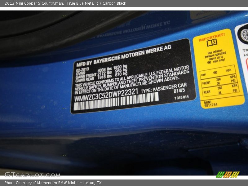 True Blue Metallic / Carbon Black 2013 Mini Cooper S Countryman