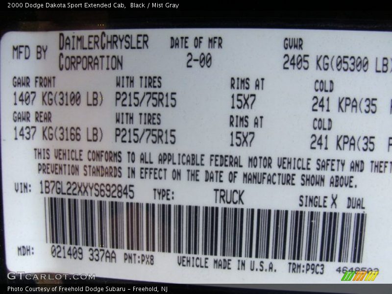 Black / Mist Gray 2000 Dodge Dakota Sport Extended Cab