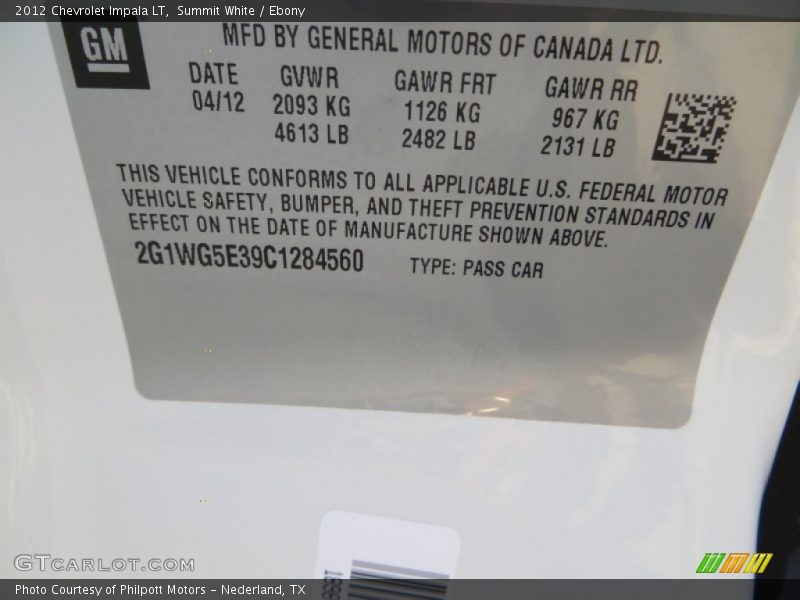 Summit White / Ebony 2012 Chevrolet Impala LT
