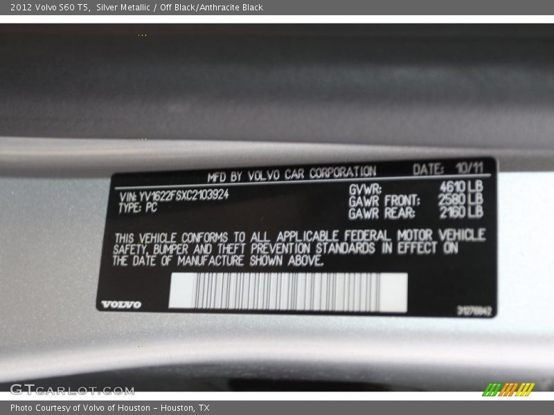 Silver Metallic / Off Black/Anthracite Black 2012 Volvo S60 T5