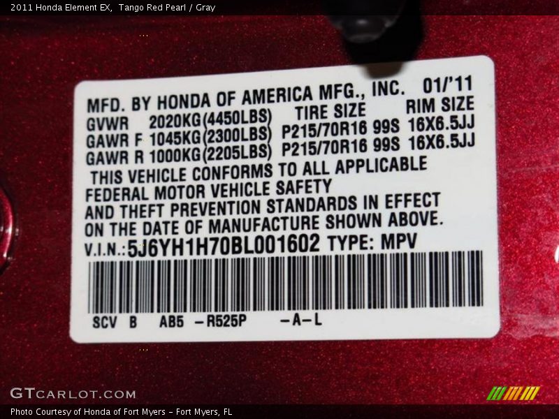 Tango Red Pearl / Gray 2011 Honda Element EX