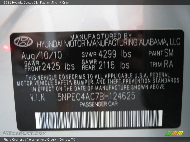 Radiant Silver / Gray 2011 Hyundai Sonata SE