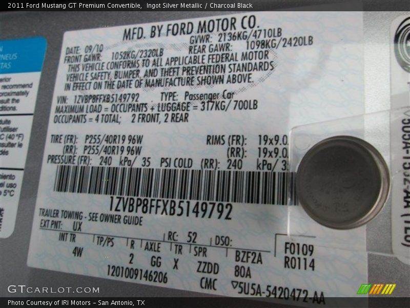 2011 Mustang GT Premium Convertible Ingot Silver Metallic Color Code UX