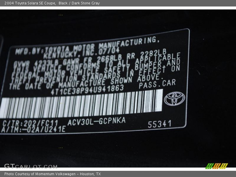 Black / Dark Stone Gray 2004 Toyota Solara SE Coupe