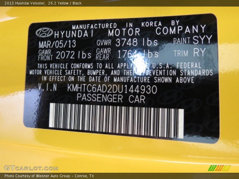 2013 Veloster  26.2 Yellow Color Code SYY