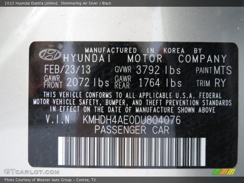Shimmering Air Silver / Black 2013 Hyundai Elantra Limited