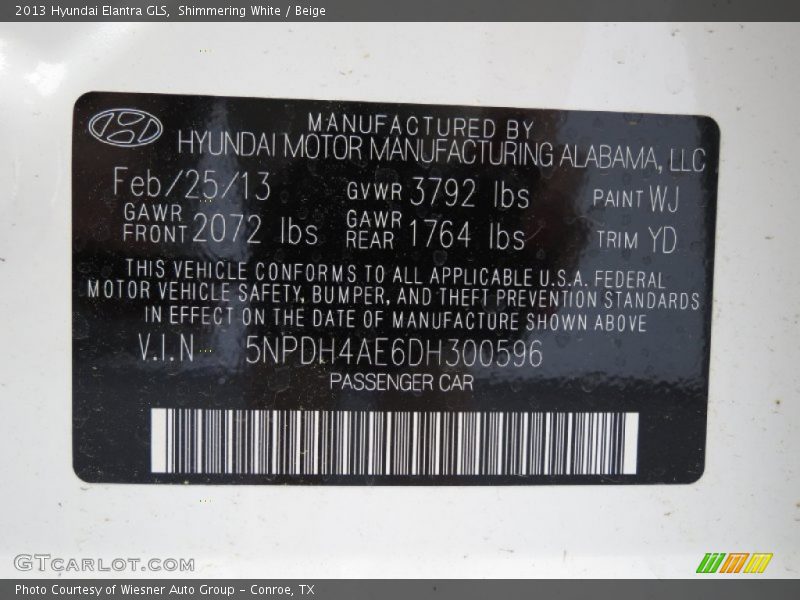 Shimmering White / Beige 2013 Hyundai Elantra GLS