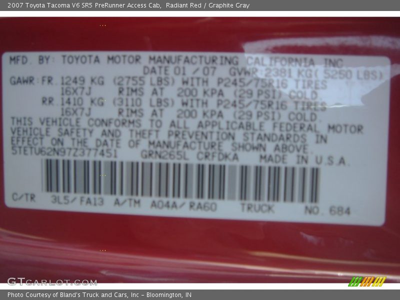 Radiant Red / Graphite Gray 2007 Toyota Tacoma V6 SR5 PreRunner Access Cab