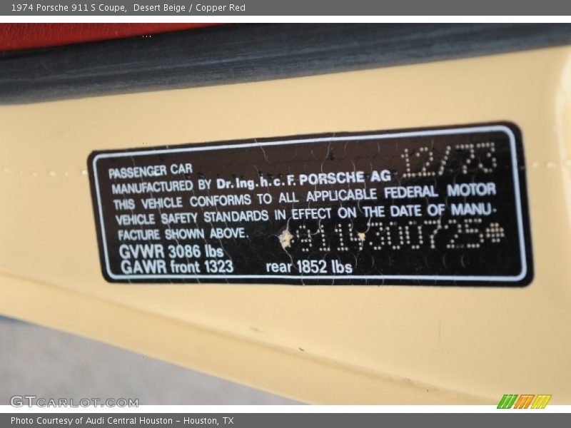 Info Tag of 1974 911 S Coupe