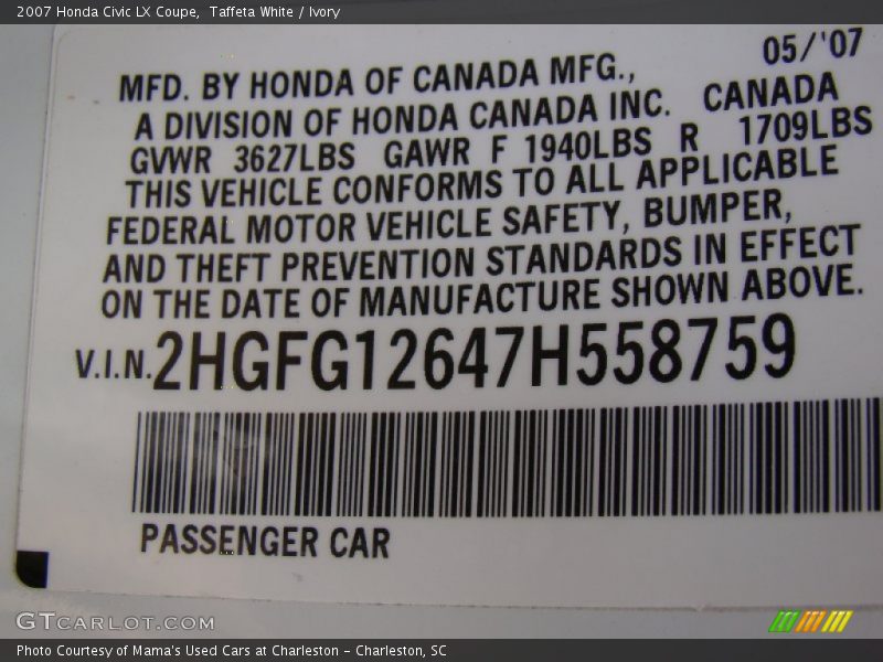 Taffeta White / Ivory 2007 Honda Civic LX Coupe