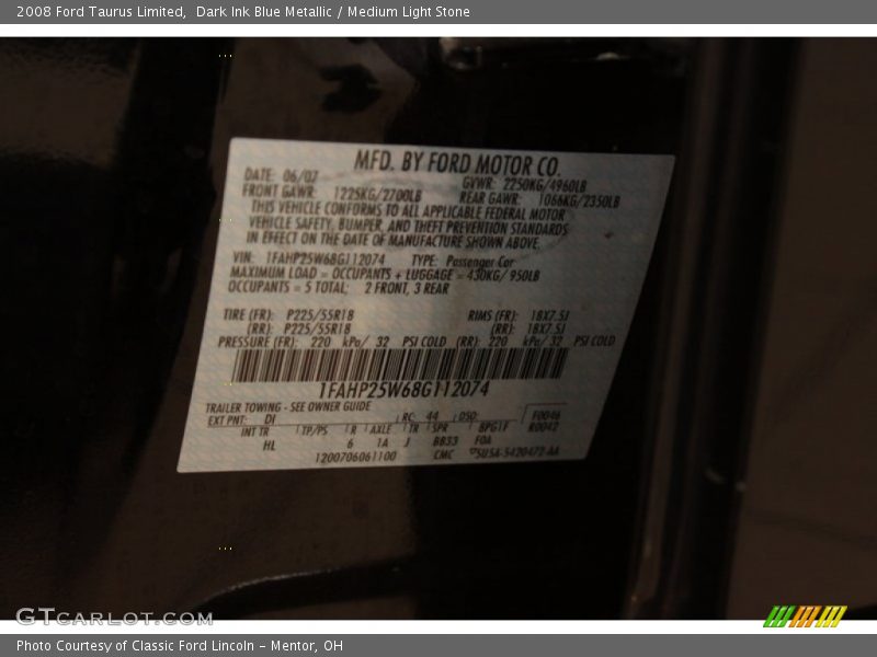Dark Ink Blue Metallic / Medium Light Stone 2008 Ford Taurus Limited