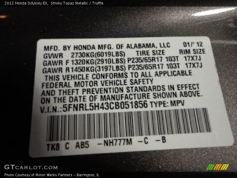 Smoky Topaz Metallic / Truffle 2012 Honda Odyssey EX