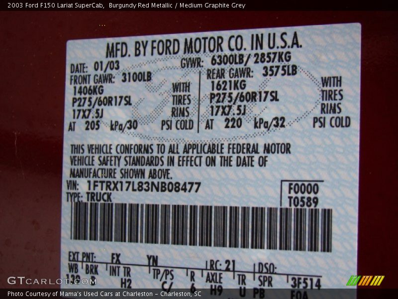 2003 F150 Lariat SuperCab Burgundy Red Metallic Color Code FX